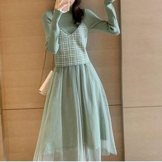 Set: Plaid Knit Camisole + Mesh Panel Long-sleeve Midi A-line Dress
