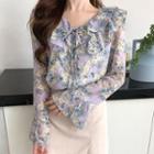 Floral Print Bell-sleeve Blouse Floral - One Size