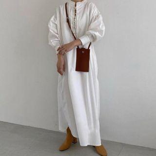 Long-sleeve Stand-collar Lace-up Dress White - One Size