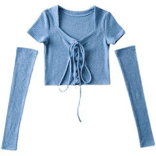 Set: Short-sleeve Lace-up Knit Top + Arm Sleeves