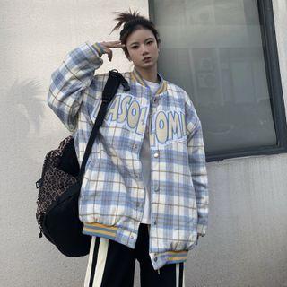 Long-sleeve Letter Embroidered Plaid Jacket