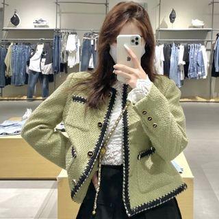 Long-sleeve Contrast Trim Tweed Jacket Green - One Size