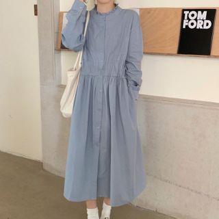 Long-sleeve Buttoned Mock-neck Midi A-line Dress