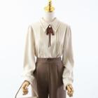 Bow Pleated Button-up Shirt / High-waist Plain A-line Skirt