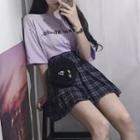 Elbow-sleeve Letter T-shirt / Plaid Mini Skirt