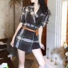 Elbow-sleeve Double Breasted A-line Mini Blazer Dress