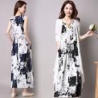 Set: Sleeveless Splatter Print Midi Dress + Cardigan