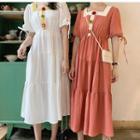 Elbow-sleeve Contrast Trim Flower Detail A-line Midi Dress