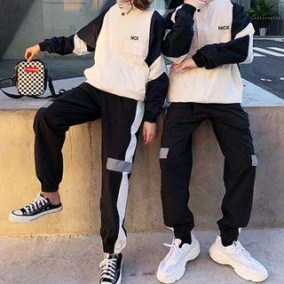 Couple Matching Boxy Lettering Zip Panel Jacket / Contrast Color Sweatpants / Set