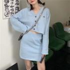 Cropped Knit High-waist Skirt Set Blue Set - One Size
