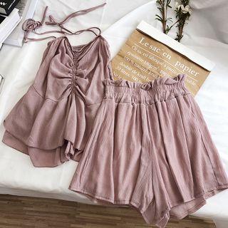 Set: Spaghetti Strap Crinkled Top + Frill Trim Wide-leg Shorts