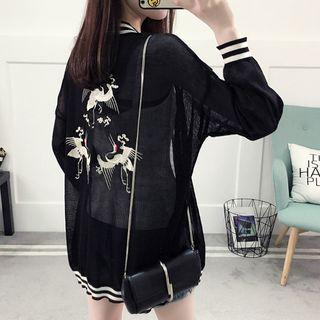 Crane Embroidered Long Cardigan