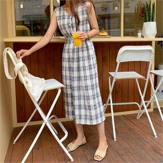 Half-placket Sleeveless Long Plaid Dress