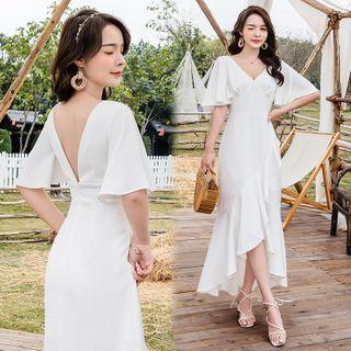 Short-sleeve Frill Trim Irregular A-line Midi Dress