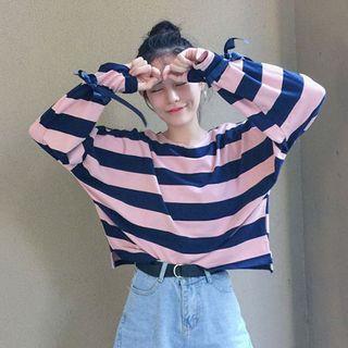 Striped Tie-cuff Long Sleeve T-shirt