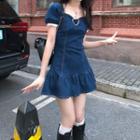Square-neck Lace-trim Denim Dress