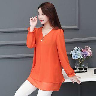 V-neck Ruffle Hem Chiffon Blouse