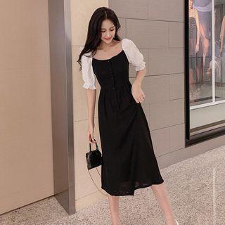 Puff-sleeve Mesh Panel Slim Fit Dress