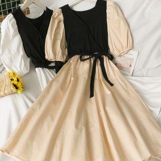 Puff-sleeve Colorblock Midi Dress With Sash