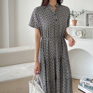 Stand-collar Patterned Midi Tiered Dress