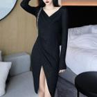 Glitter Long-sleeve Slit A-line Dress