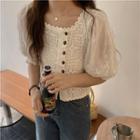 Square Neck Lace Embroidered Short Sleeve Crop Top