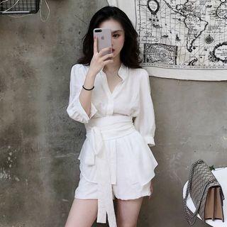 Long-sleeve Plain Shirt / Drawstring Waist Ruffled Shorts