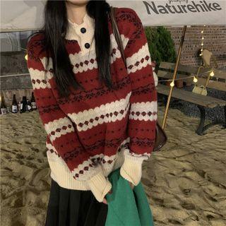 Mock-neck Jacquard Sweater Red - One Size
