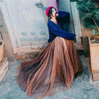 Set: Cable Knit Sweater + Long-sleeve Mesh Dress + Plain Strappy Midi Dress