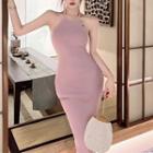 Halter Knit Midi Bodycon Dress Light Purple - One Size