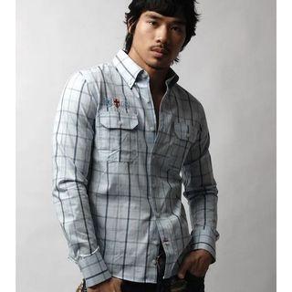 Crest Embroidery Plaid Shirt Navy Blue & Sky Blue - One Size