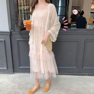 Chiffon Light Jacket / Spaghetti Strap Midi Mesh Dress
