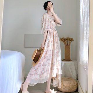 Long-sleeve Asymmetrical Floral Chiffon Dress