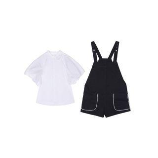 Set: Puff-sleeve Plain Shirt + Denim Jumper Shorts