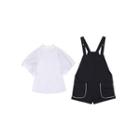 Set: Puff-sleeve Plain Shirt + Denim Jumper Shorts