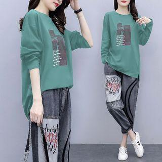 Long-sleeve Lettering T-shirt / Lettering Harem Jeans / Set