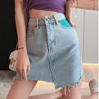 Contrast Pocket Irregular Hem Denim Mini Pencil Skirt