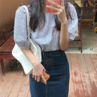 Puff-sleeve Floral Print Top White Floral - Blue - One Size