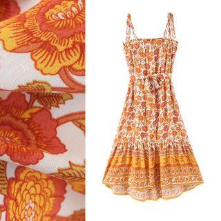 Spaghetti Strap Floral Print Tie-waist Dress