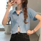 Short-sleeve Collared Zip Cropped T-shirt