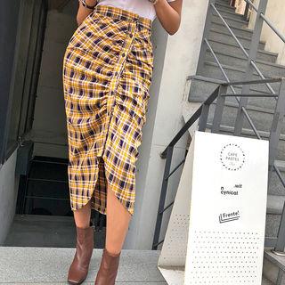 Shirred Plaid Long Skirt