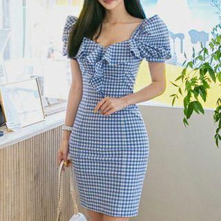 Short-sleeve Mini Plaid Sheath Dress