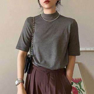 Short Sleeve Mock-neck Plain T-shirt