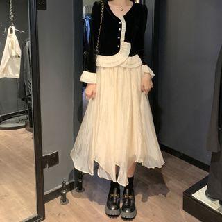 Color Block Ruffle Long-sleeve Shirt / High-waist Ruched Midi Skirt