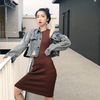 Denim Jacket / Sleeveless Knit Sheath Dress