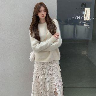 Plain Sweater / Lace Midi A-line Skirt