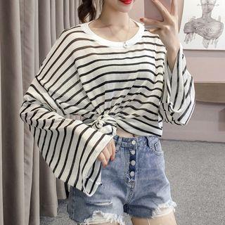 Striped Knit Top / Ripped Denim Shorts