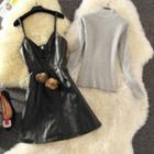 Mock-neck Long-sleeve Knit Top / Faux-leather Spaghetti Strap A-line Dress / Set