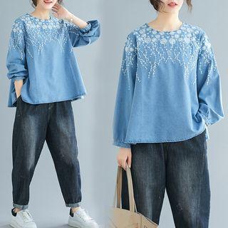 Embroidered Round-neck Long-sleeve Denim T Shirt Light Blue - F