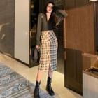 Long-sleeve V-neck Blouse / Midi Plaid Sheath Skirt
